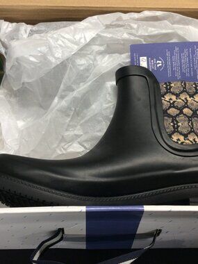 Joules Rutland Matte Black Rain Boots Women's 9 Snakeskin Accent New With Box